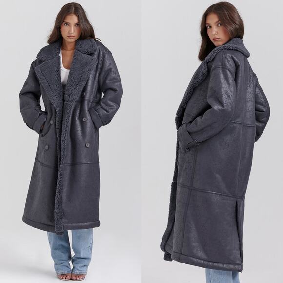 NEW House of CB Deiji Grey Vegan Shearling Coat Size Small